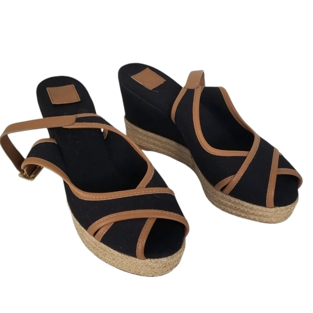 Tory Burch Majorca Peep Toe Sling Back Espadrille Wedges Size 9.5 Black/Tan
